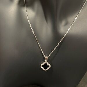 Clover 925 Sterling Silver White and Black Necklace Cz Diamonds